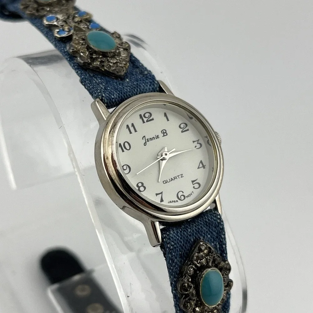 Jennie‎ B Watch Women 24mm Case Denim Leather Silver Tuquoise Band- New Battery